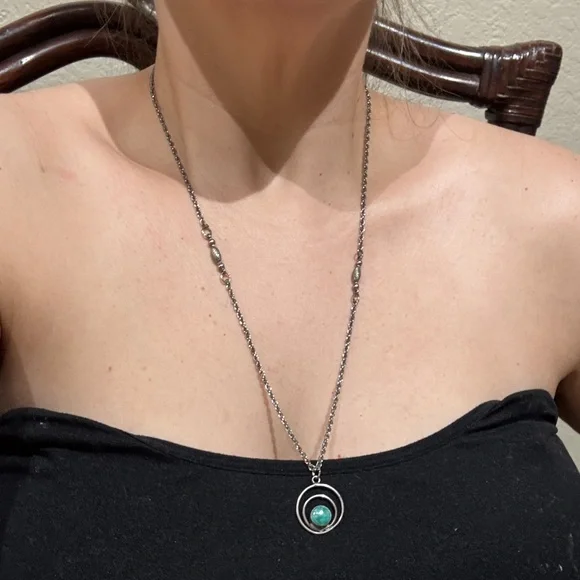 Long Antique Silver Toned Necklace with Turquoise Pendant - Picture 3 of 4